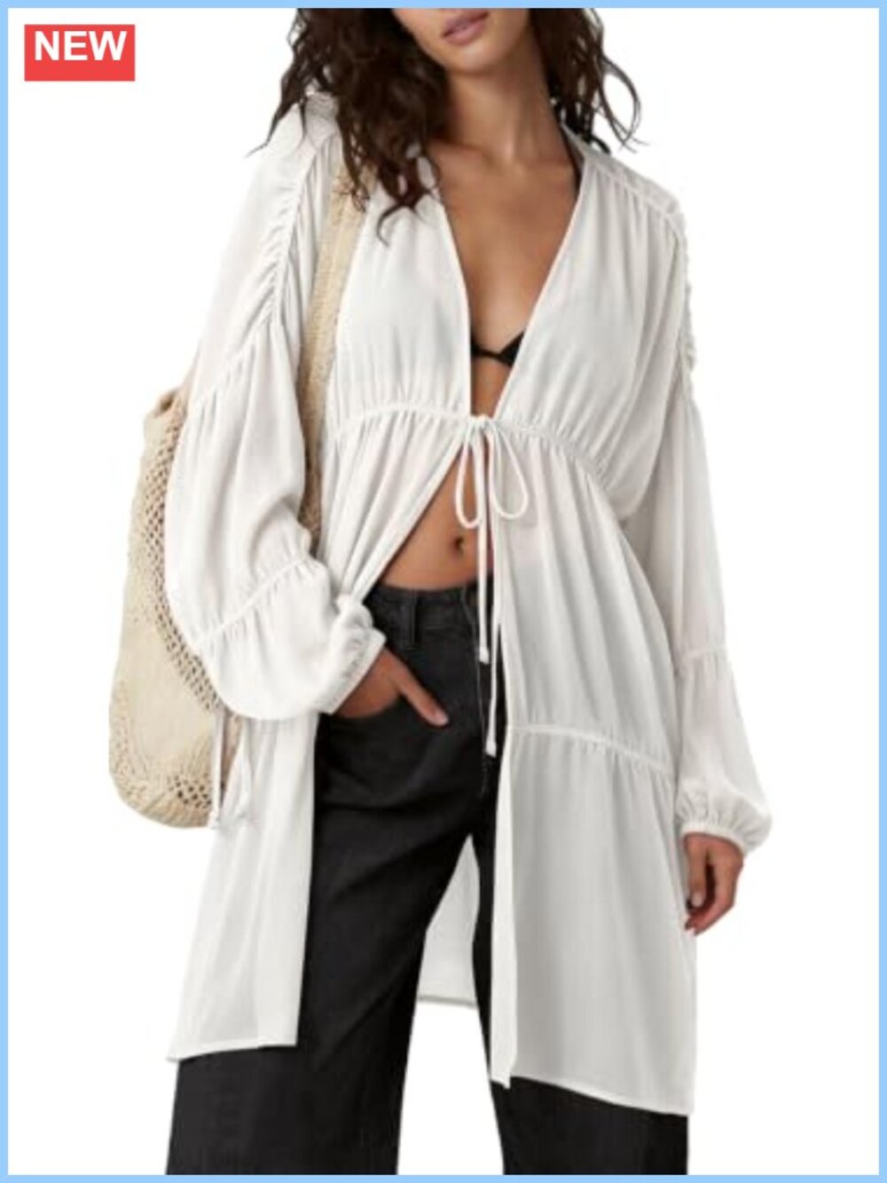 Womens Slouchy Linen Kimono Duster Tie Front Coverup with Pockets